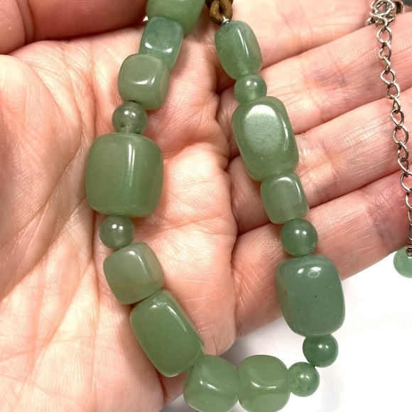 Necklace Jadeite Green Stones Brown Leather 925 Findings 17.5”+4” - Picture 10 of 15